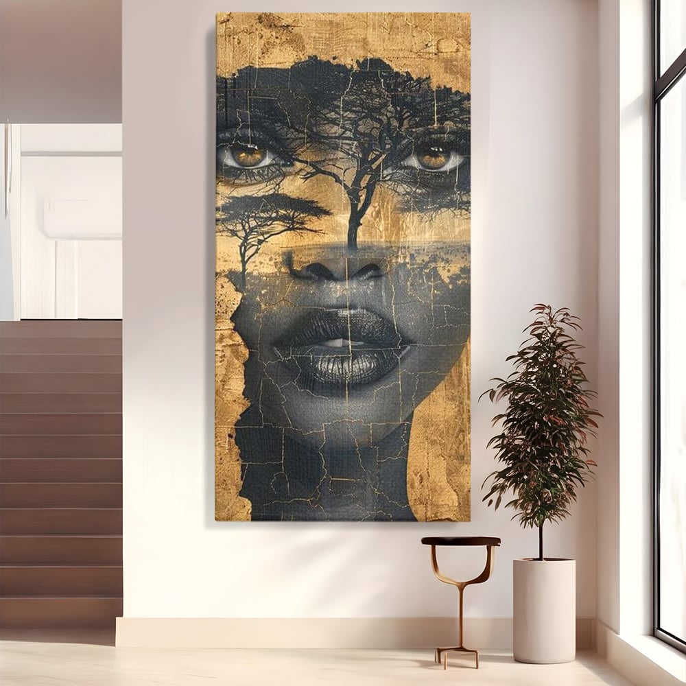 Tablou canvas cu tablou canvas cu chip de femeie si copaci, fara rama, pe sasiu de lemn
